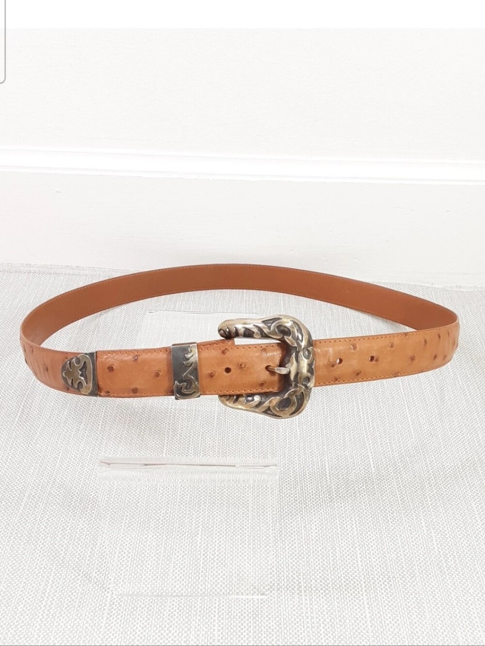 Pat Areias Genuine Ostrich Sz 42 Belt Light Brown Tan 925 Sterling Handmade Rare
